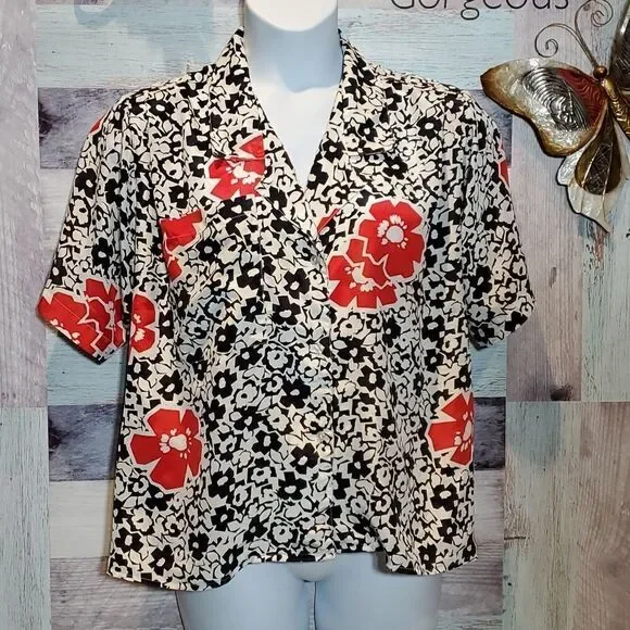 Oscar de la Renta Sz 12 Vintage Black White Red Floral Nerdy Blouse GrannyCore - Picture 5 of 8